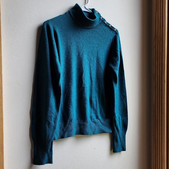 Heathcote Vintage Aqua Mock Neck Pearl Button Sweater Size 38/Large - Picture 2 of 16